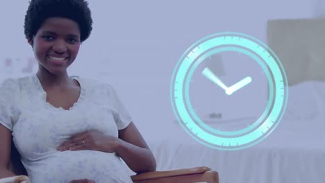 Clock-with-fast-moving-hands-over-happy-pregnant-african-american-woman-sitting-and-holding-belly