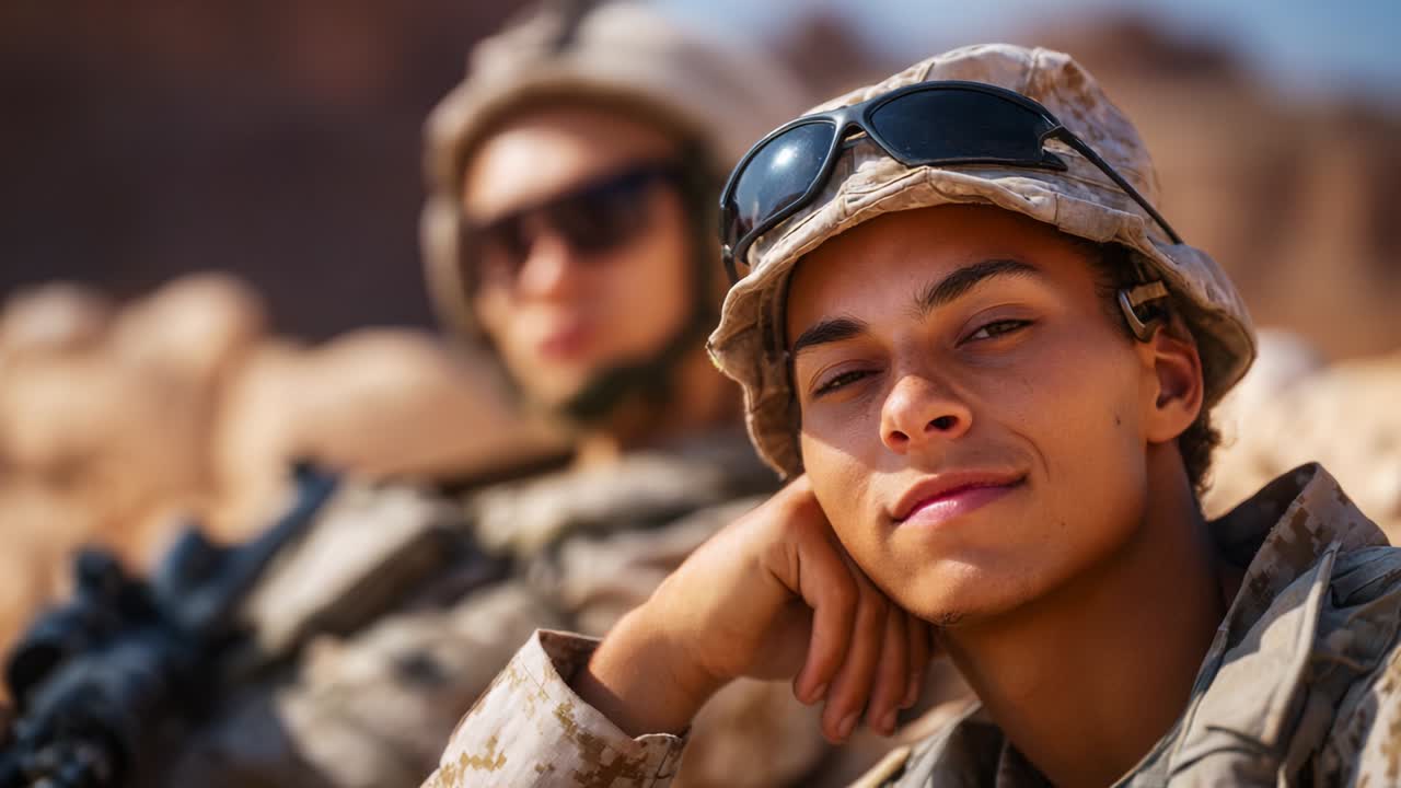 A Moment of Reflection: Close-Up Portrait of a Young Soldier in Military Gear, Exuding Calmness and Confidence While Another Soldier Blurs in the Background, Captured Against a Desert Landscape