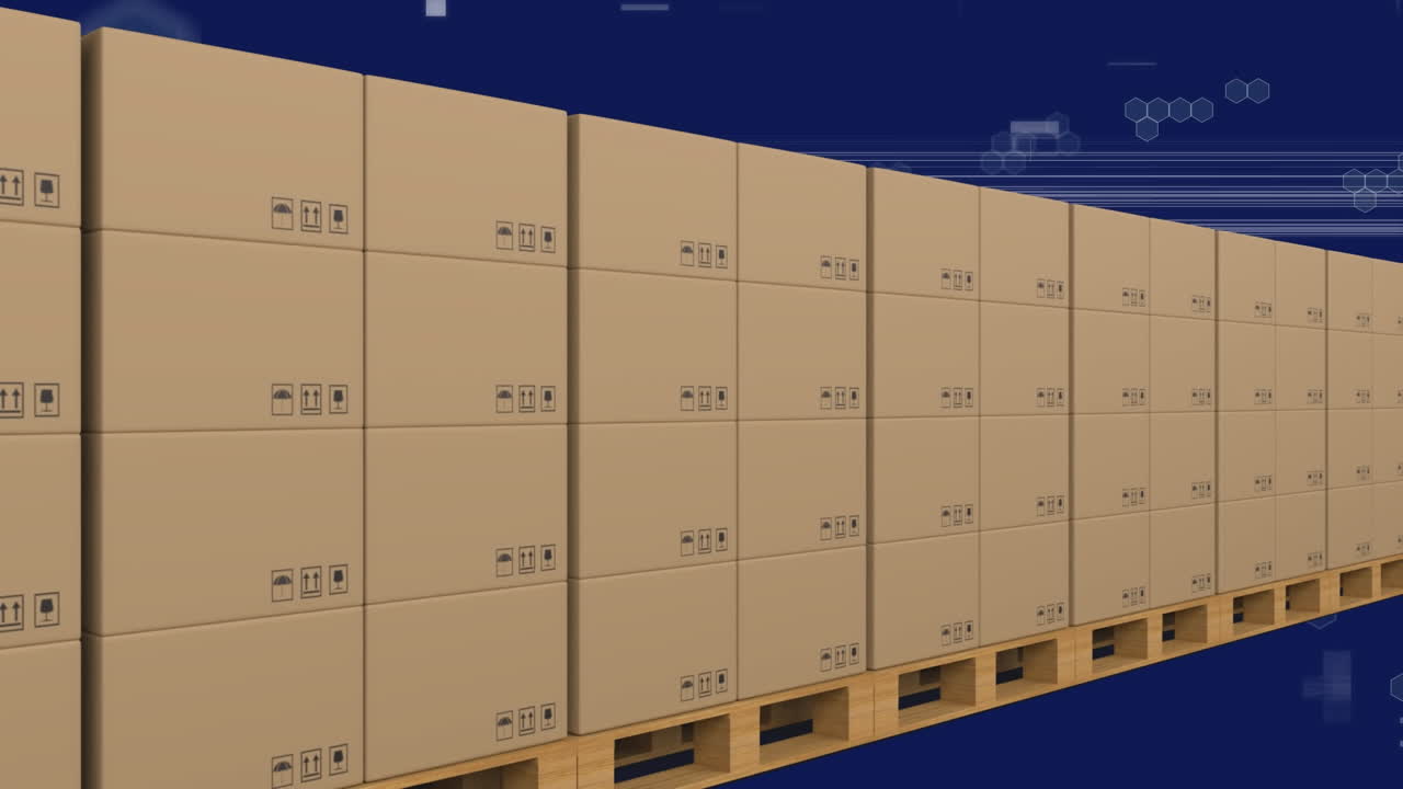 animación de cajas de cartón en tabla de madera sobre técnica de glitch y hexágonos