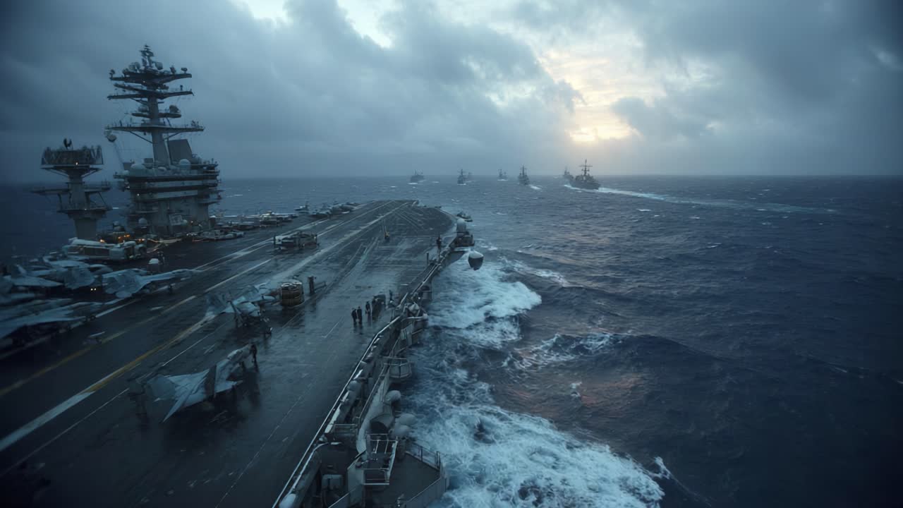 A Stormy Day at Sea: Aircraft Carriers Navigate Through Rough Waters Amidst Dramatic Skies with Approaching Ships on the Horizon