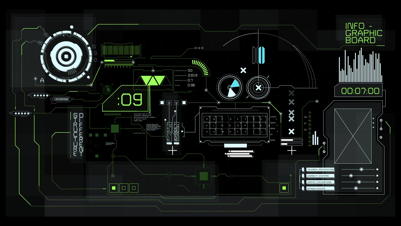 Futuristic HUD Display with Animated Infographic Elements and Data