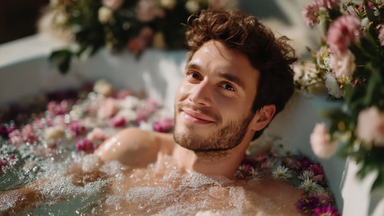 A Relaxing Moment of Bliss: A Young Man Enjoying a Floral Bubble Bath Amidst Colorful Blossoms and Tranquil Waters in a Serene Environment