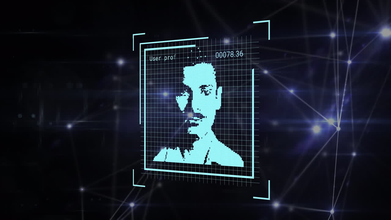 검은색 배경에 다양한 사람들과 데이터 처리를 통해 연결 네트워크의 애니메이션