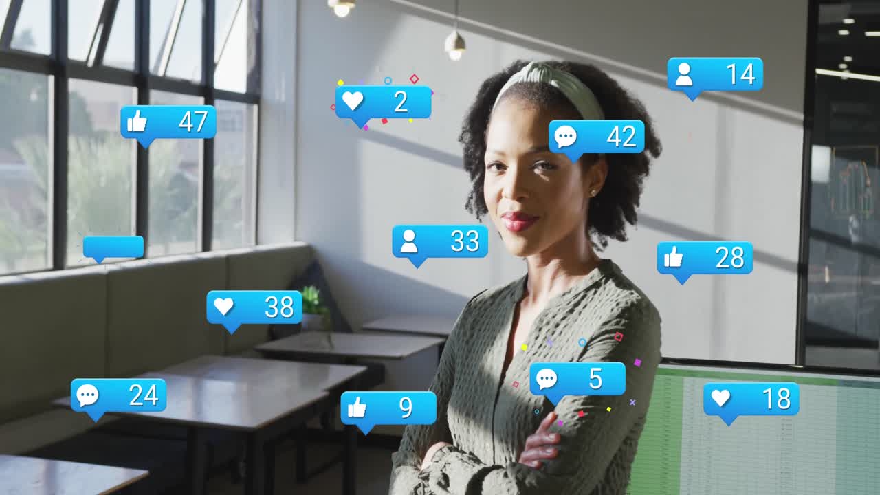 Animation of social media data processing over biracial businesswoman in office