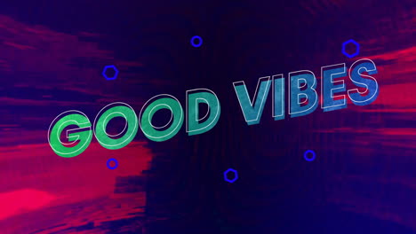 3d text good vibes being animated diagonally on purple canvas, with glitch streaks plus blue shapes