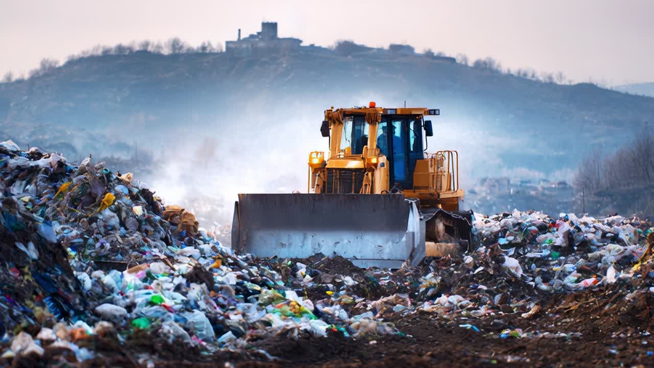 Heavy machinery operates in a sprawling landfill, moving piles of waste and plastic debris while the sun rises, highlighting the environmental challenges posed by waste management in modern society