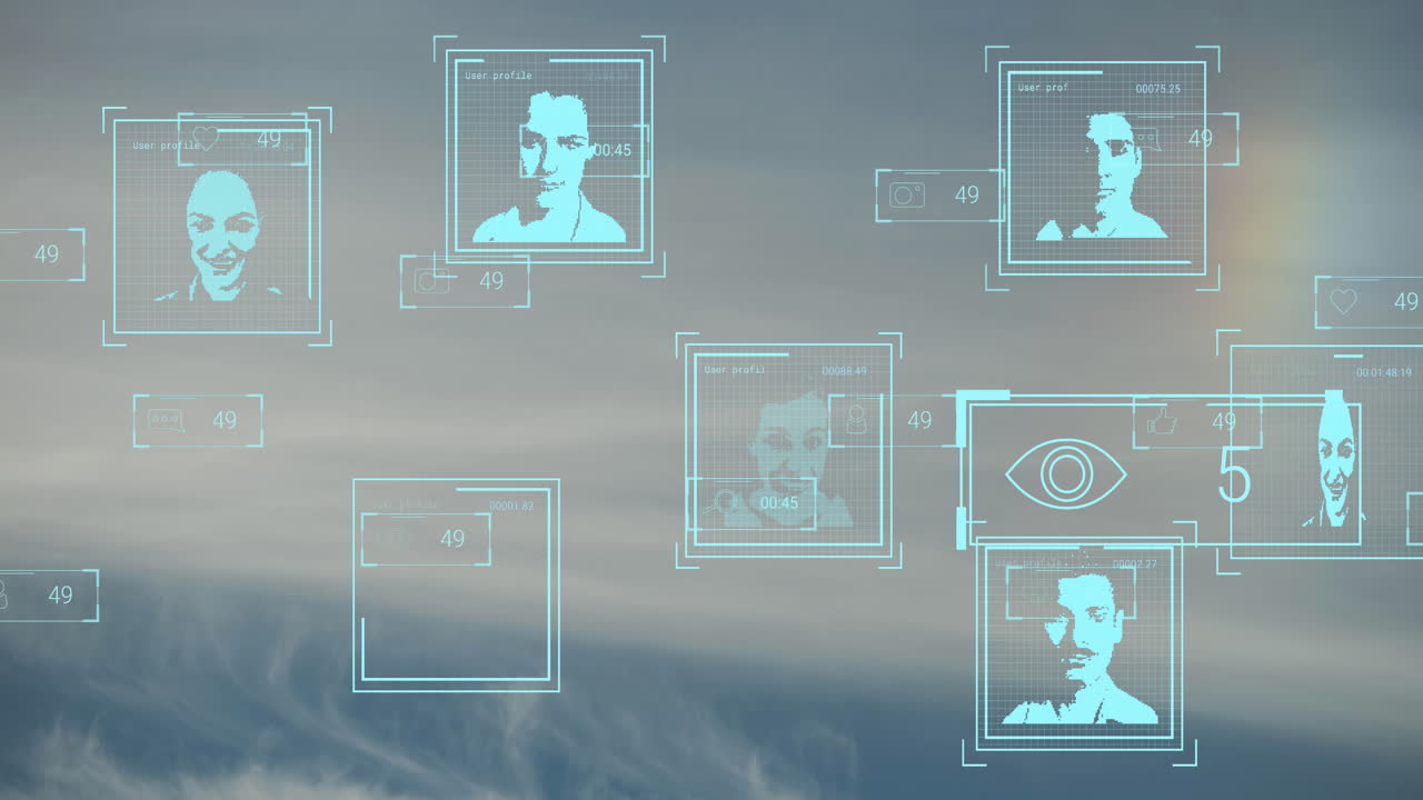 animación de múltiples iconos de perfil contra las nubes en el cielo azul