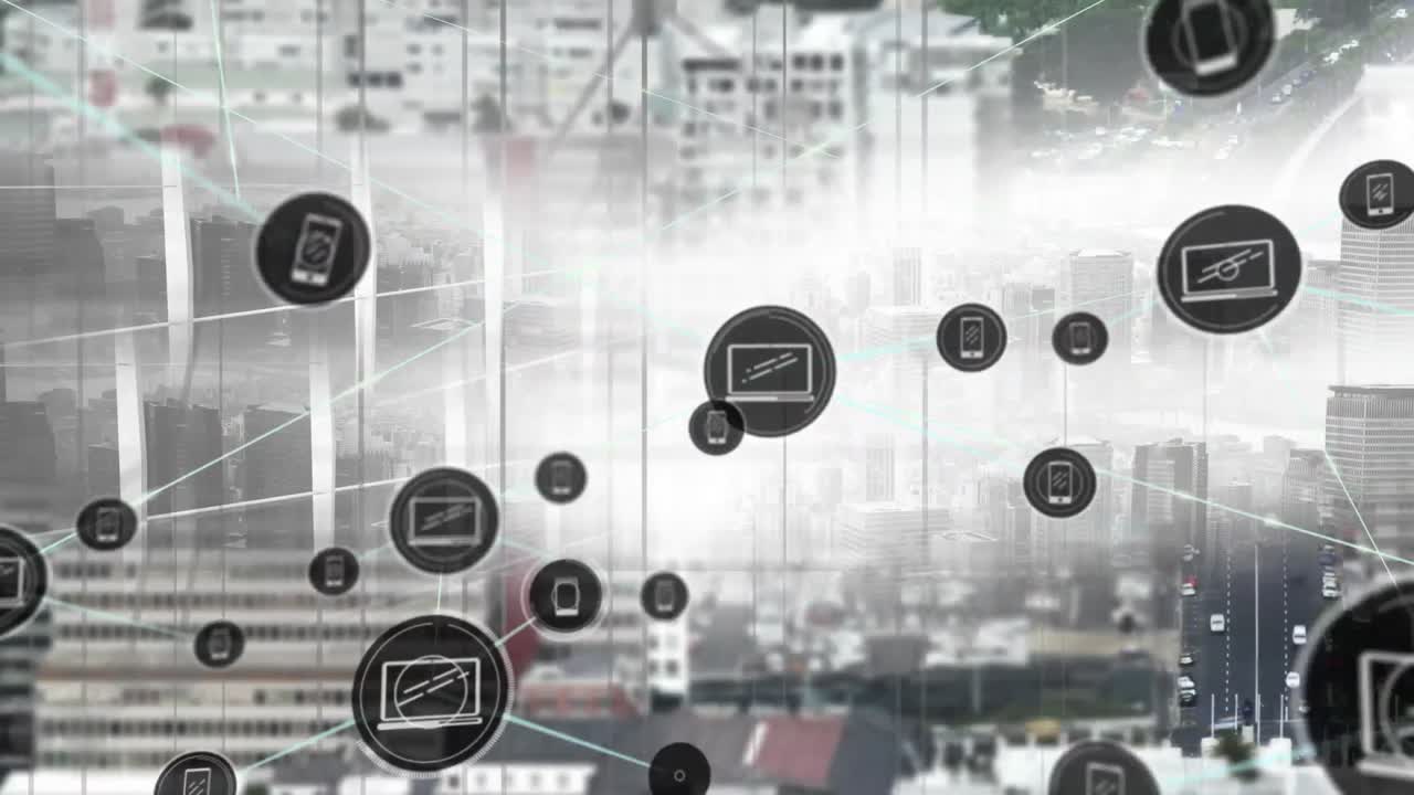 都市風景上のアイコンの接続ネットワークのアニメーション