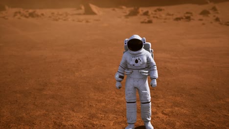 astronaut on mars surface. red planet covered in gas and rock