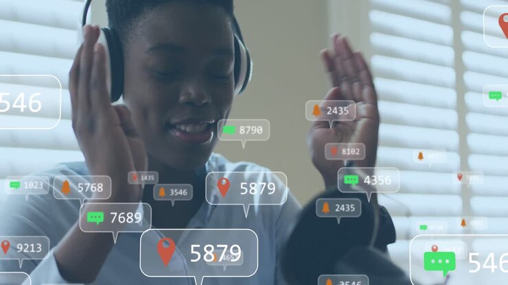 Animation of social media icons with growing numbers over african american woman wearing headphones