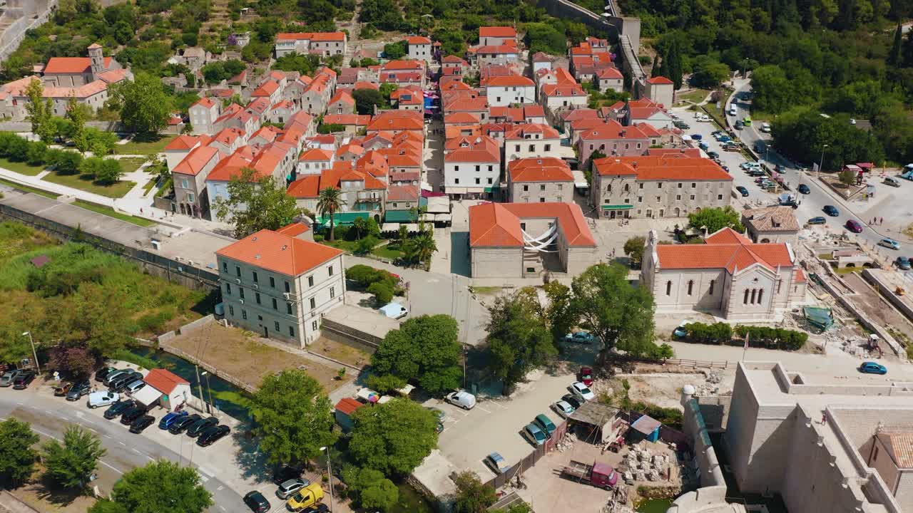 Aerial view of Ston, known for saltworks and Great Wall, located on Pljesac peninsula in Croatia.