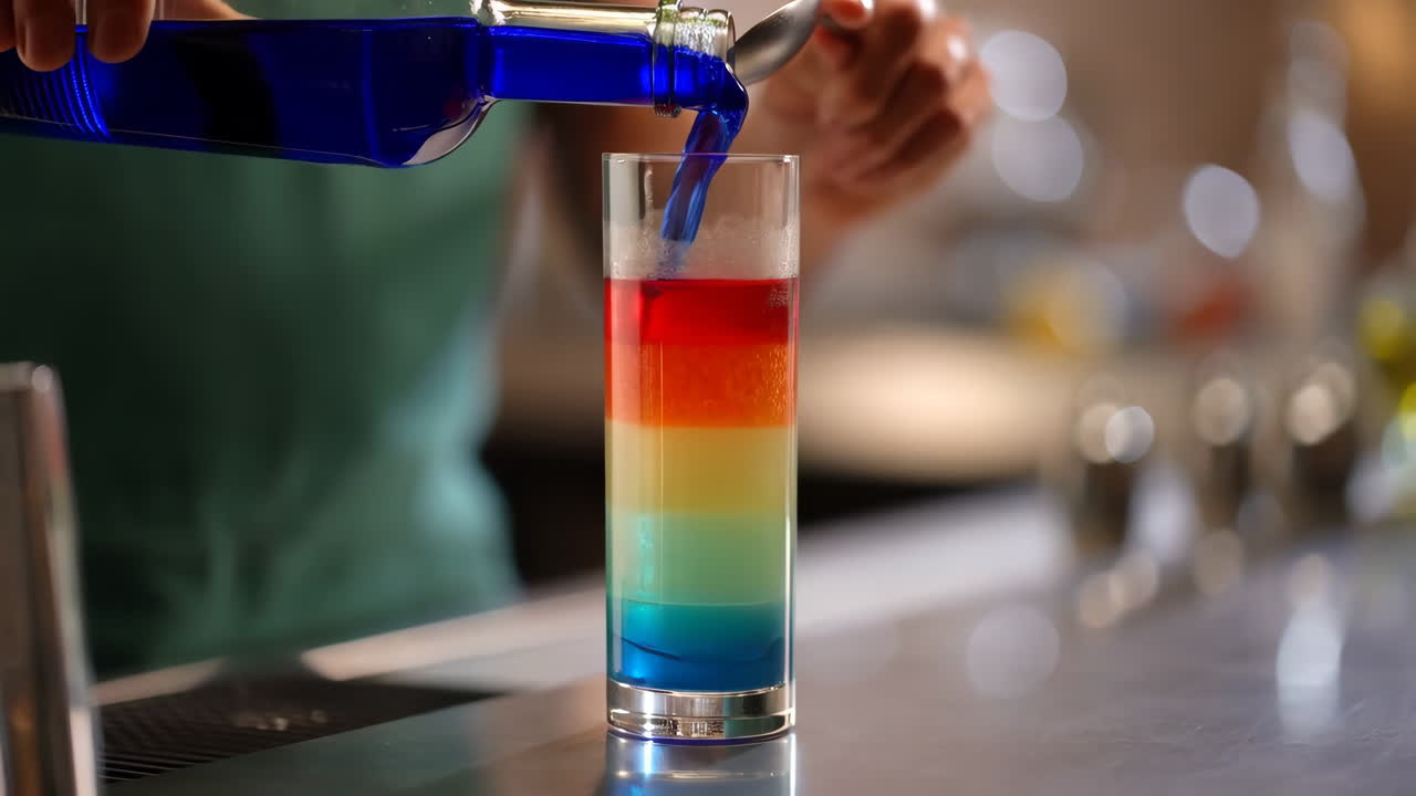 A person prepares a vibrant, layered rainbow cocktail at a bar