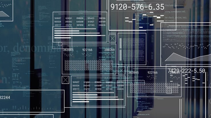 Animation of graphs, loading bars, circles and computer language over server room