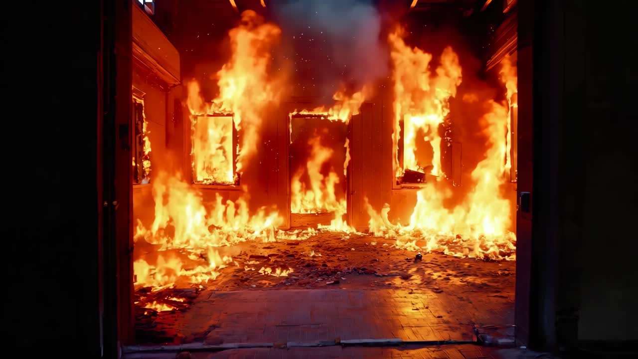 건물 의 불꽃 에 싸인 방