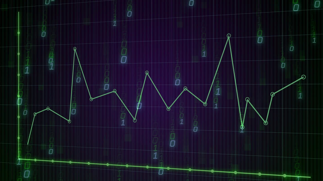 Animation of binary coding and digital data processing over dark background