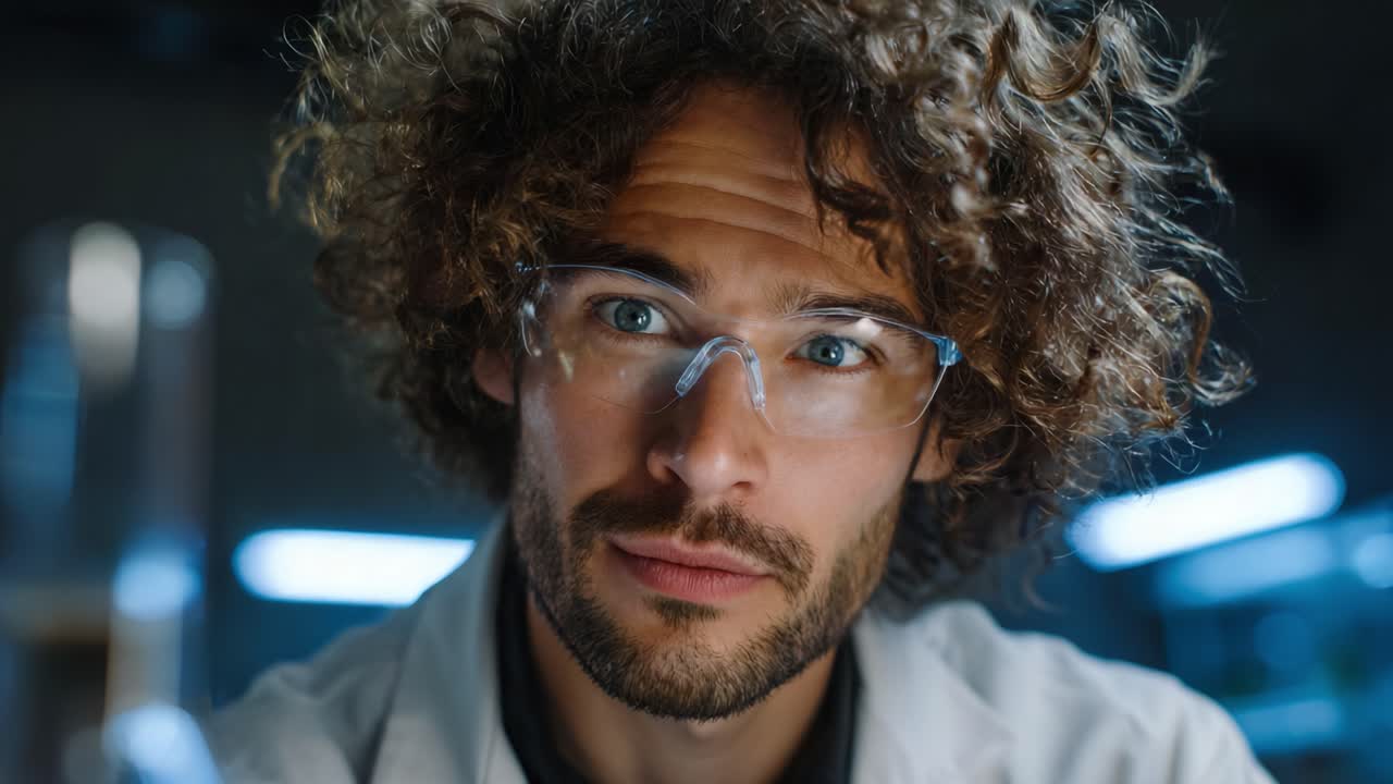An Introspective Scientist in a Lab: Focused on Research and Analysis, Showcasing Curly Hair and Safety Glasses Under Laboratory Lighting