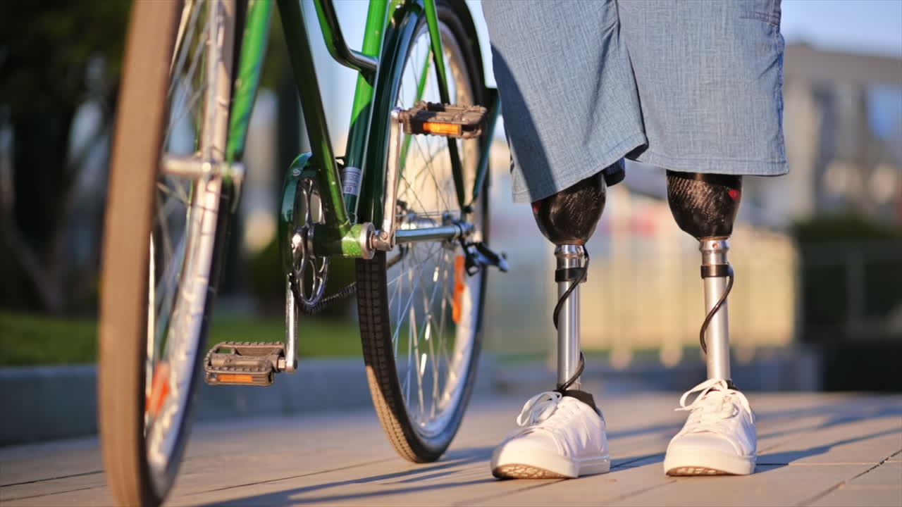 Slow motion view of a man with prosthetic legs. Walking with a bicycle on the street and stops, out of focus effect