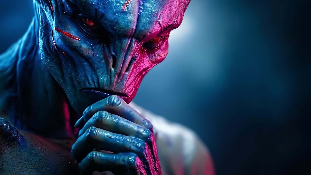 A close up of a person with red eyes and a blue face
