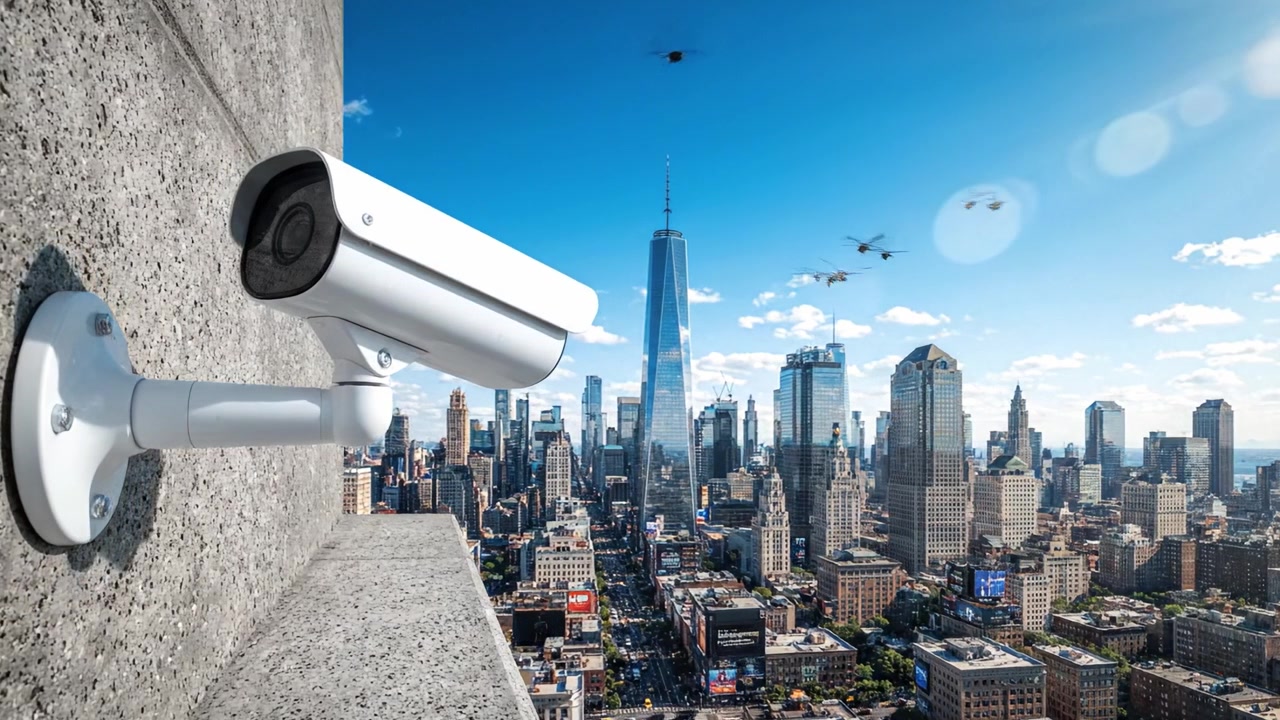 Surveillance Technology Overlooking Urban Landscape: A Security Camera Mounted with a View of the City Skyline and Modern Architecture