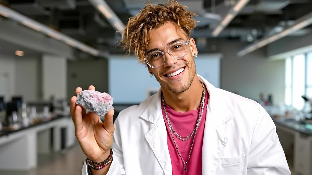 A man in a lab coat holding a rock in his hand