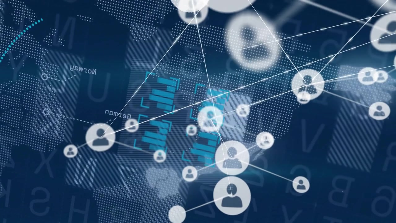 Pixelated map pulsing initiating user icons connecting expanding network showing links
