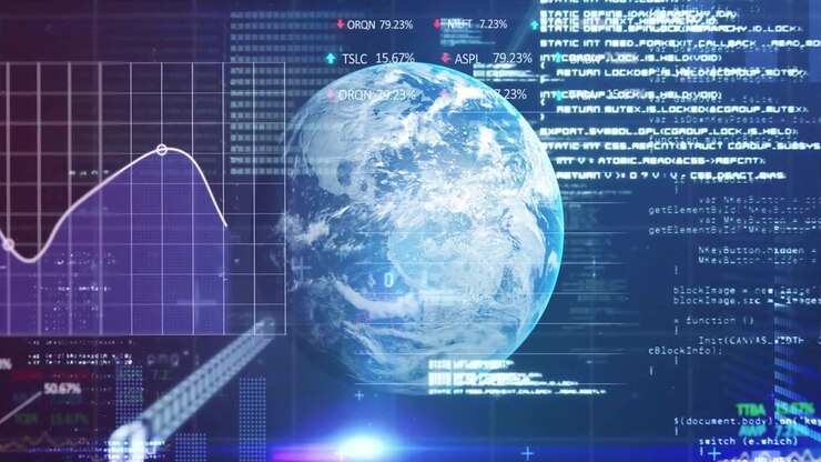 Animation of financial data processing over globe on dark background