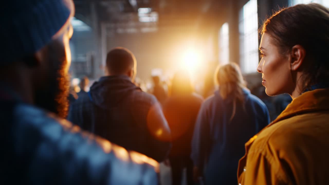 Amidst a Gathering of Shadows: A Young Woman and a Diverse Group of Individuals Face the Emerging Light in an Industrial Space, Capturing a Moment of Anticipation and Connection in a Vibrant Urban Scene
