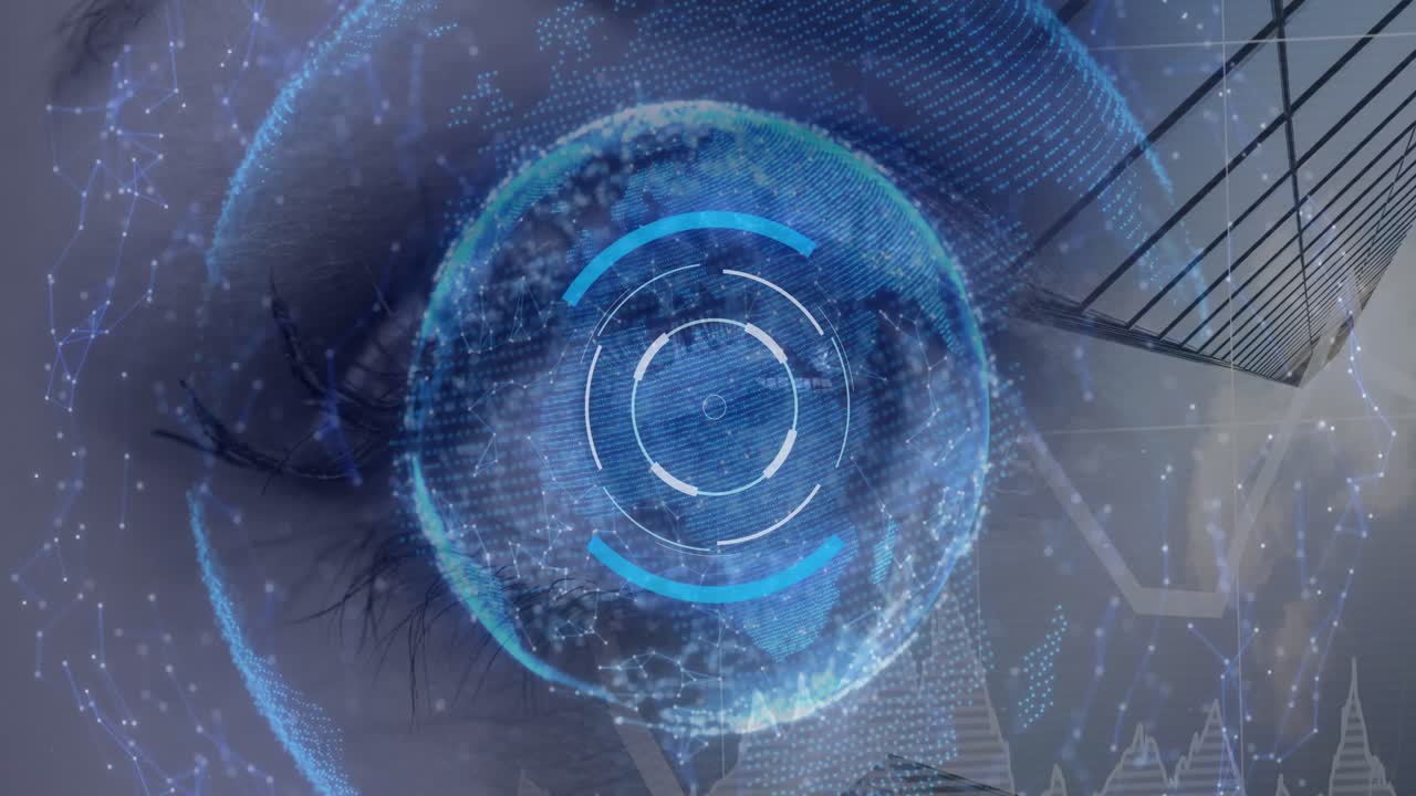Animation of scope scanning and globe of network of connections over woman's eye