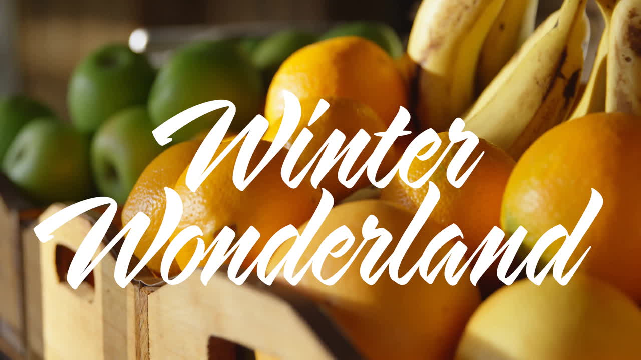 In school, animation of oranges, bananas, and apples in wooden crate