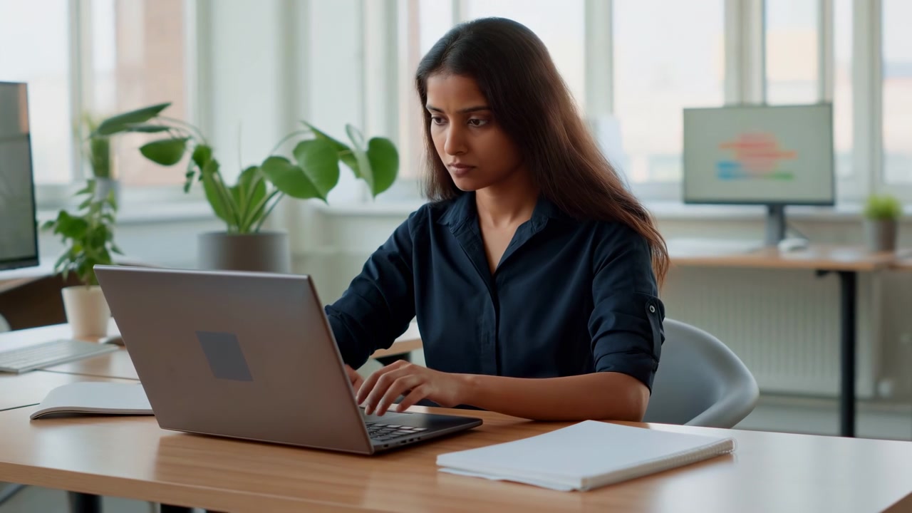 Sittende kvinne taster videre på en åpen bærbar PC med jevne håndbevegelser over tastaturet, omgitt av mykt vinduslys, grønne planter, en notatbok på skrivebordet og uskarpe kontorskjermer