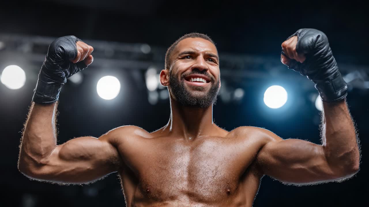 An Inspiring Moment of Triumph: A Professional Athlete Celebrates Victory with Raised Arms and a Confident Smile in the Spotlight, Showcasing Strength and Determination