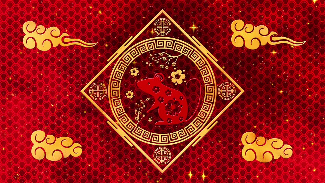año nuevo lunar, fondo del festival de primavera con rata dorada, estrellas brillantes y nubes. animación del año nuevo chino para el evento de vacaciones. renderización 3d de bucle sin costuras 4k video