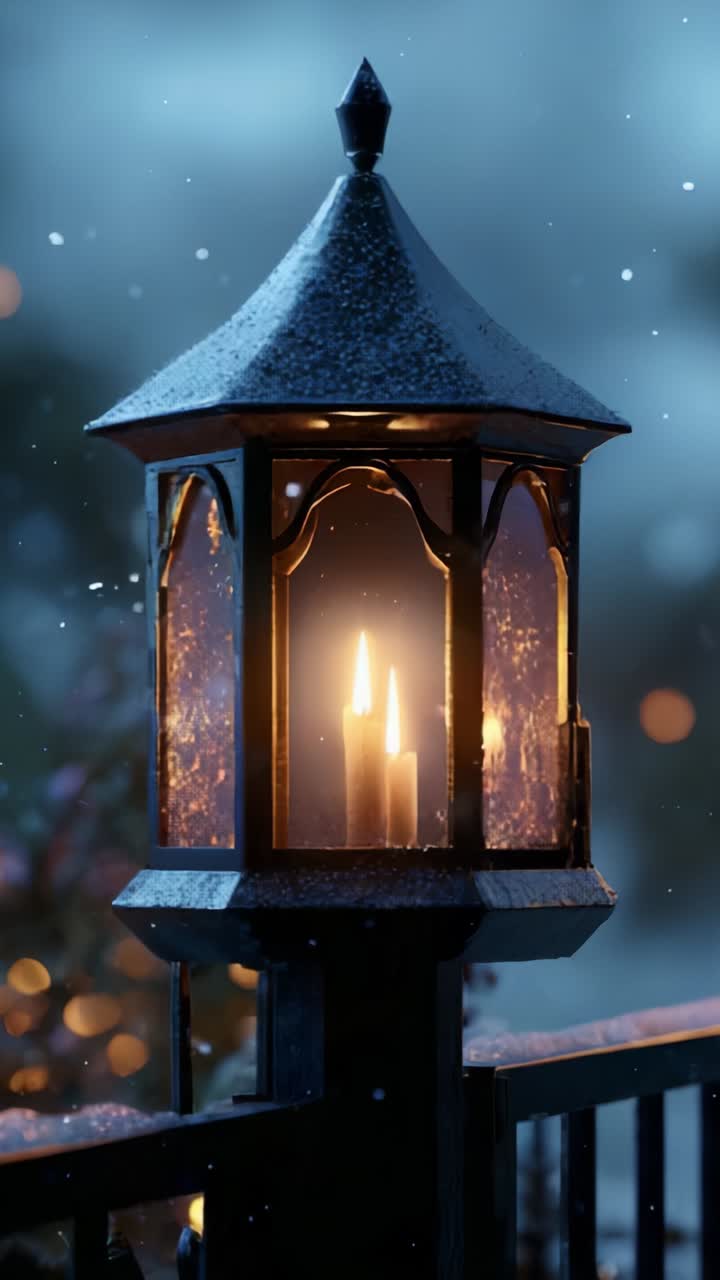 Una lanterna luminosa circondata da gocce di pioggia: luce e calore accattivanti in un'ambientazione accogliente e suggestiva, perfetta per evocare nostalgia e serenità