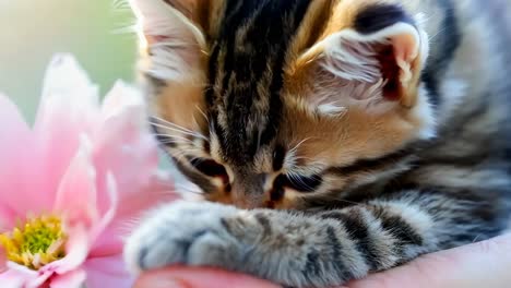 una persona sosteniendo un gatito pequeño y una flor rosa