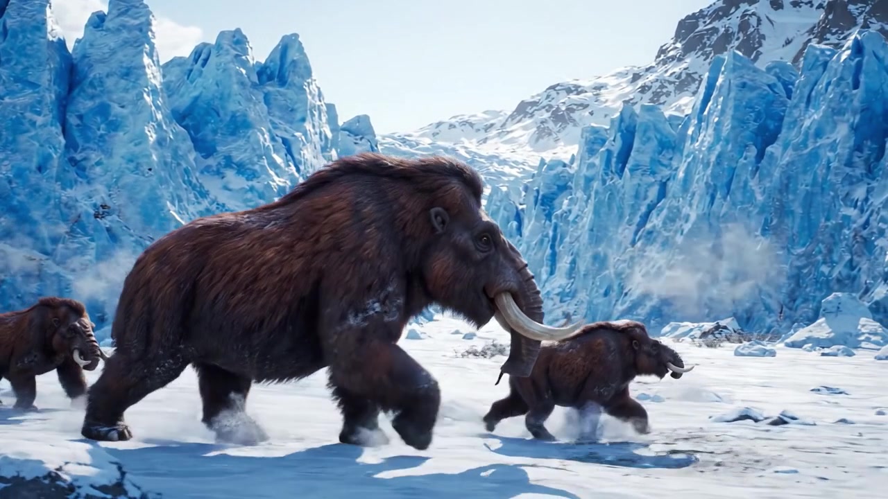 A Majestic Family of Mammoths Trekking Through a Stunning Glacier Landscape, Showcasing Nature's Beauty and the Resilience of Ancient Creatures in a Frozen Oasis.