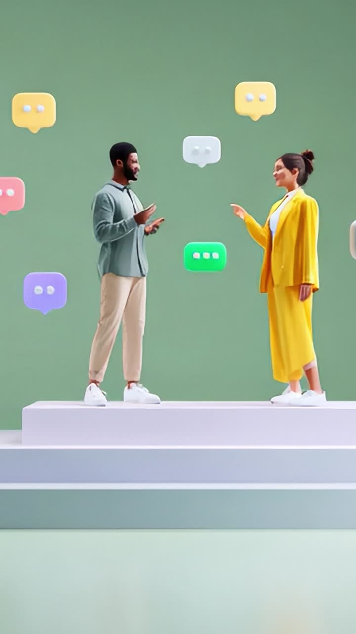 Engaging Conversation Between Two Individuals with Colorful Speech Bubbles in a Minimalist Setting, Representing Communication and Connection in Visual Design