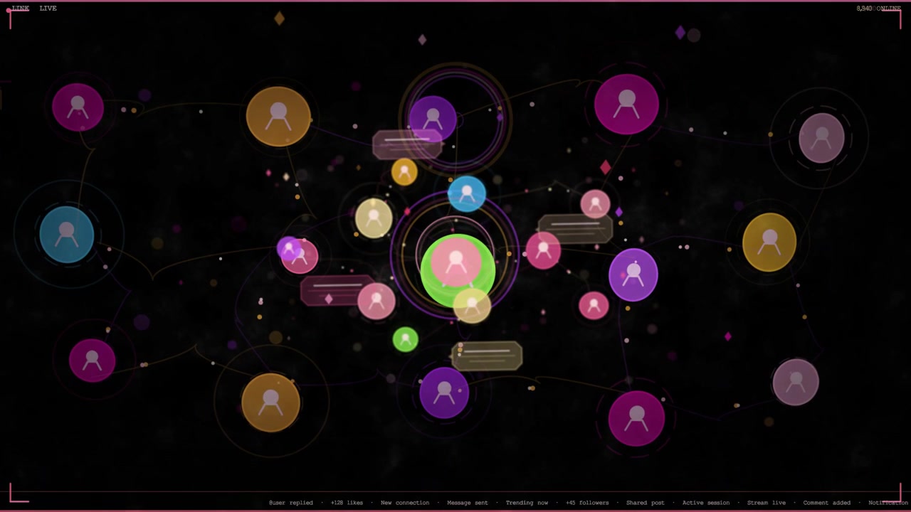 Central green node pulsing, starting rings, drawing links, popping chat bubbles, showing activity
