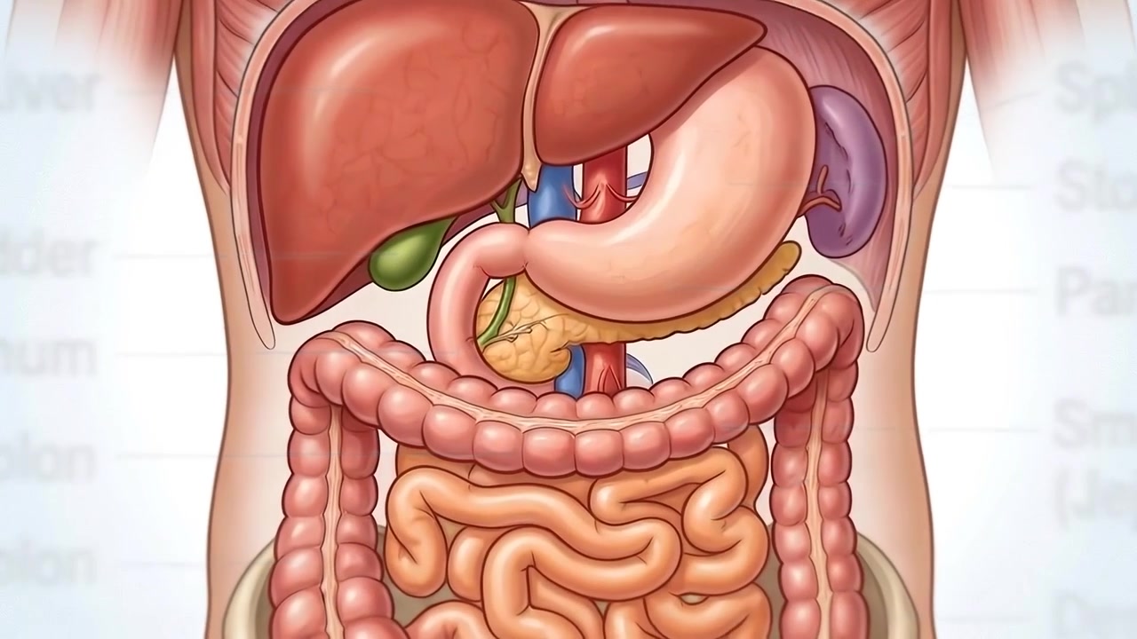 Anatomical Illustration of the Human Digestive System and Abdominal Organs