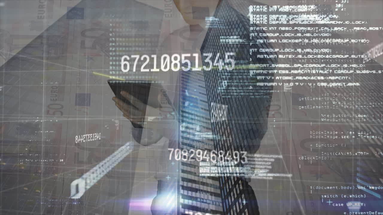 태블릿을 사용하는 백인 남성에 대한 데이터 처리 애니메이션