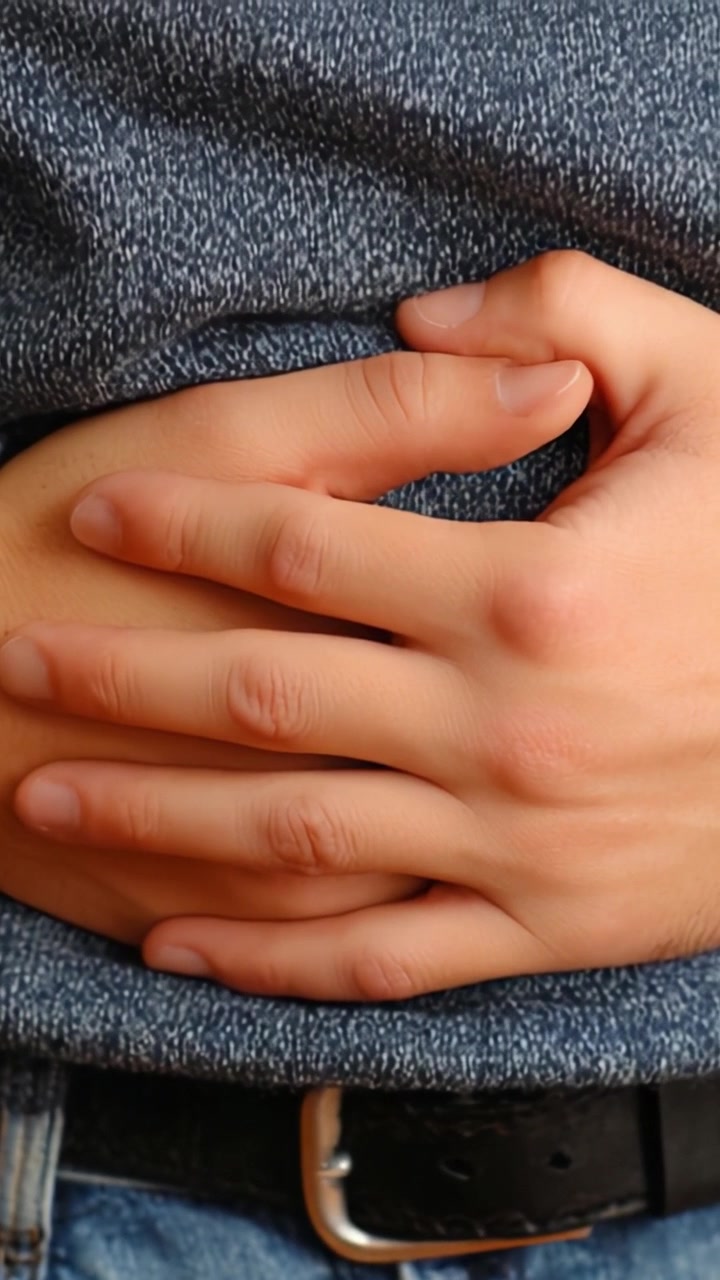 Individual Gripping Their Stomach, Indicating Discomfort or Pain, Captured Across Two Frames Showing Different Angles of the Hands on the Belly