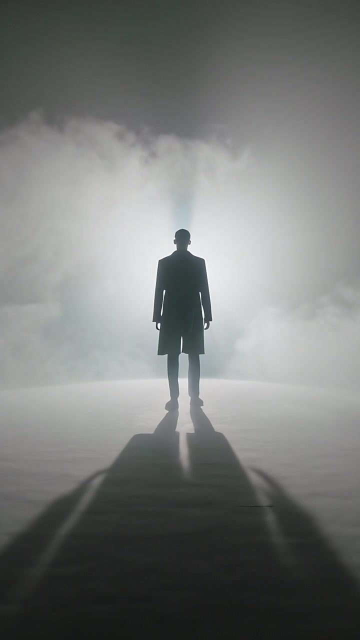 Video verticale: Uomo in cappotto che emerge camminando da un palco retroilluminato, fermandosi per la rivelazione, nebbia, ombra.