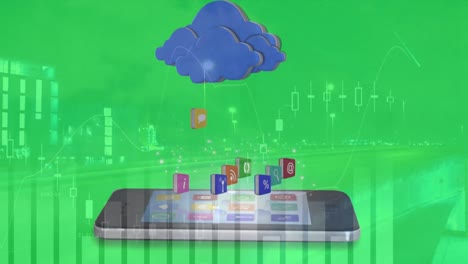 animación de procesamiento de datos e iconos de medios con teléfono inteligente sobre el paisaje urbano