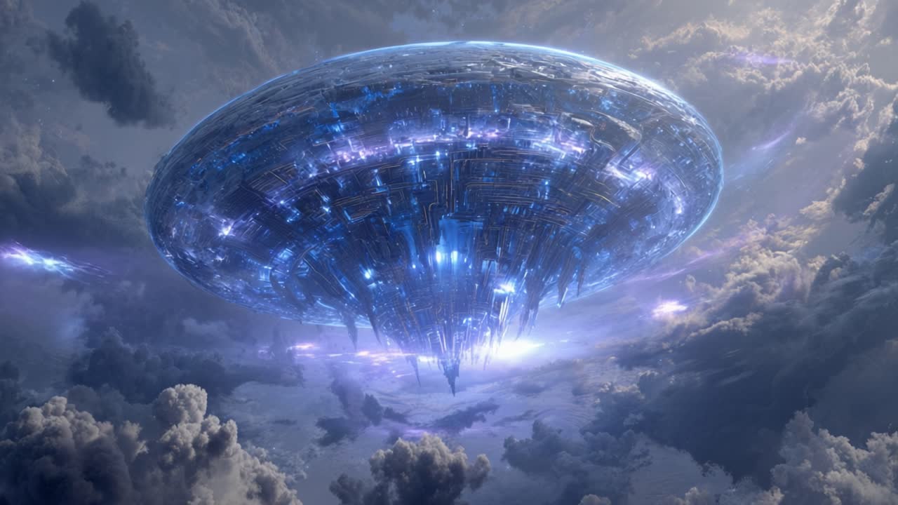 Stort futuristisk romskip fra en fremmed by som flyter i en dramatisk, skyet himmel, med glødende blå lys og lyn som lyser opp den avanserte utenomjordiske teknologien under en invasjon