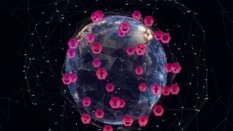 Animation-of-connected-pink-icons-and-dots-around-globe-rotating-against-black-background