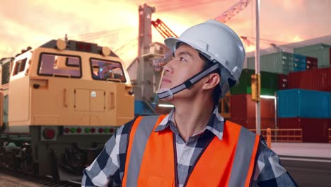 close up of asian male engineer wearing safety helmet looking around while standing with arms akimbo with freight cargo train at port