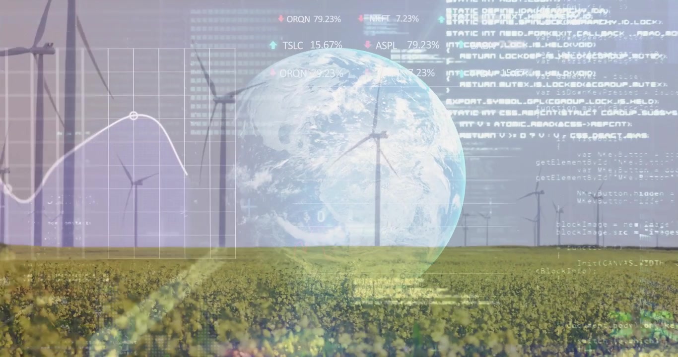 Fiori, turbine eoliche che ruotano, globo in dissolvenza, grafici pulsanti, codice che scorre che mostra le tendenze energetiche