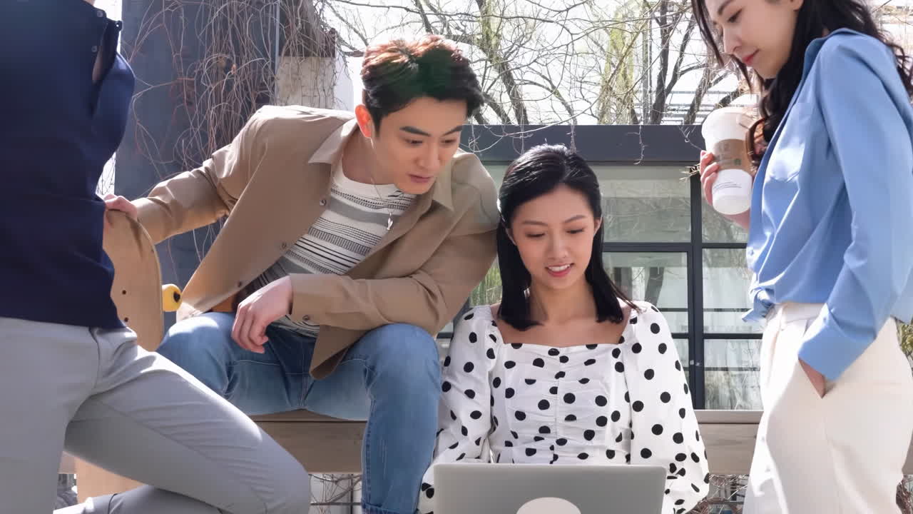 Professionals business team collaborating on project, colleagues businessman and businesswoman outside office building discussing current plans, management, looking at laptop screen, consulting