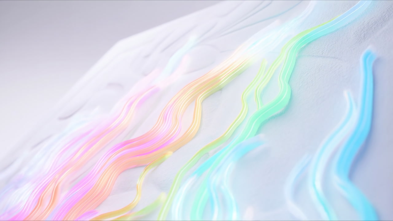 Soft White Surface Iridescent Pastel Ribbons Flowing Across Embossed Sculptural Relief, Luminous Neon
