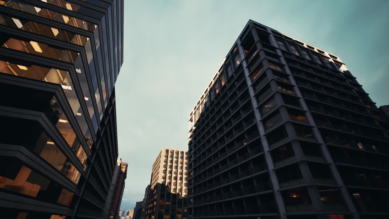Vista do céu de edifícios altos com superfícies refletoras brilhantes e sombras