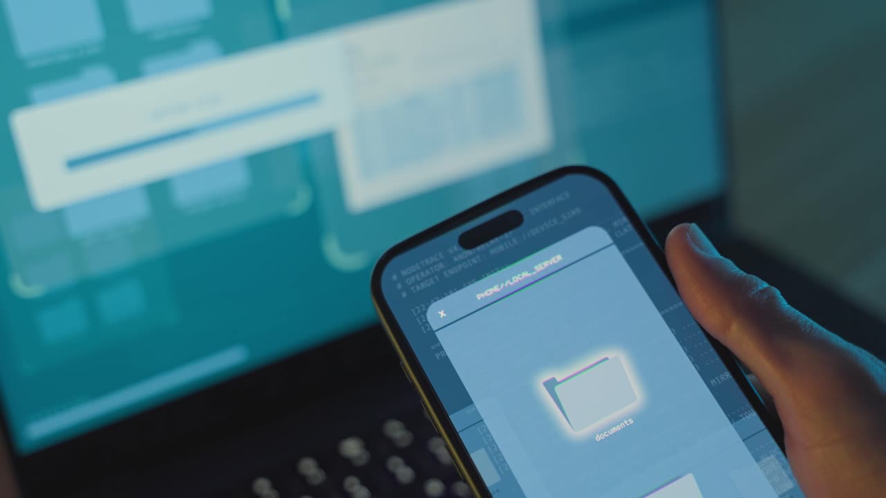 Stealing or transferring files. Smartphone showing file transfer interface with laptop screen in background. Data exfiltration, unauthorized file transfer, hacking, cybercrime, and information theft